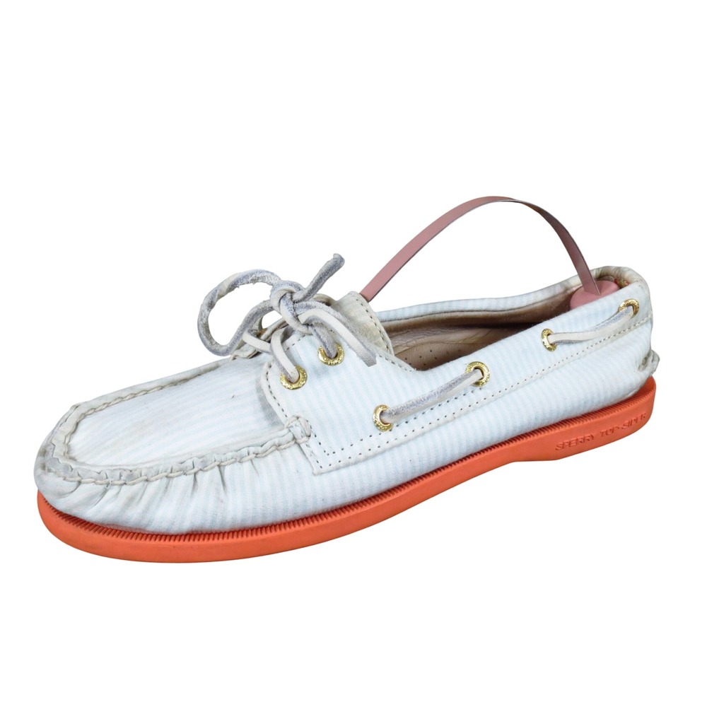 Sperry Top-Sider J.Crew Womens Boat Shoe 6.5 Summer Seersucker Stripe Blue White